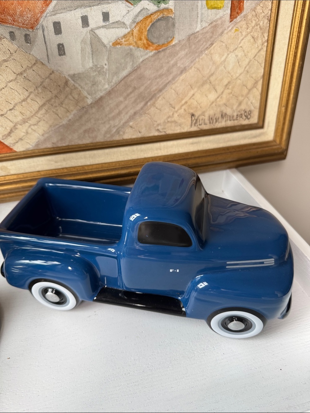 Ford Blue Ceramic Pickup Planter with White-Rim Wheels
